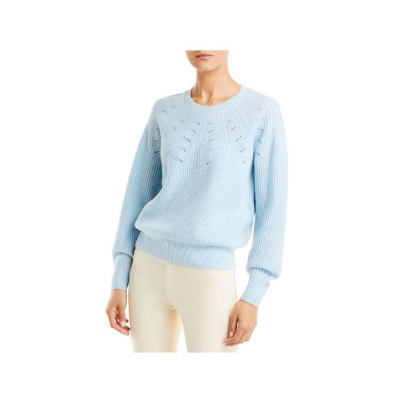 C BLOOMINGDALES Sweaters - Designer Brand Womens Light Blue Novelty Stitch Banded-hem Long Sleeve Sweater S